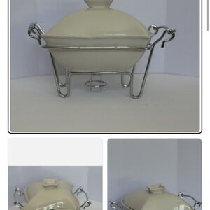 Godinger Cream Ceramic Casserole Dish with Silver Stand NEW in box